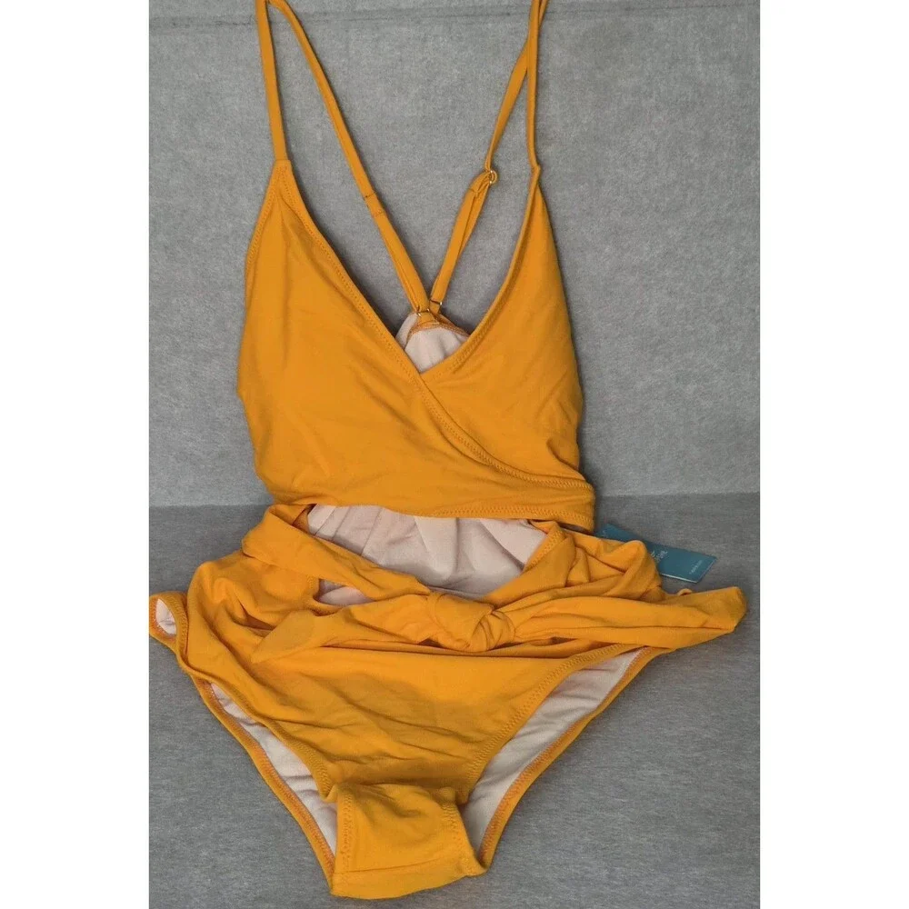 CUPSHE One Piece Swimsuit Womens Mustard Sz 2XL Cutout Tummy Wrap Front Tie NWT